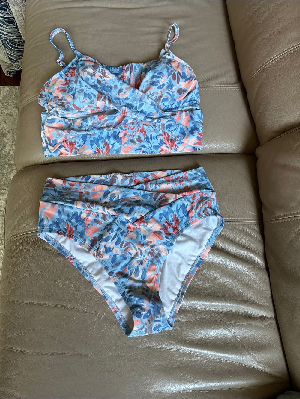 Freely Floral Two-Piece Bikini Set in Blue & Coral Top is L and the bottom is M.